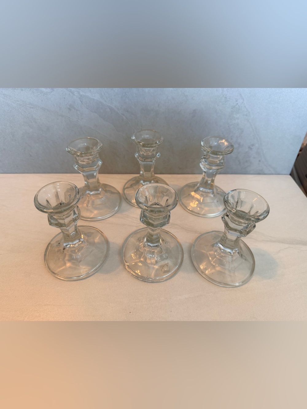 Lot Of 6 Vintage Clear Glass Taper Candlestick 4" Holders